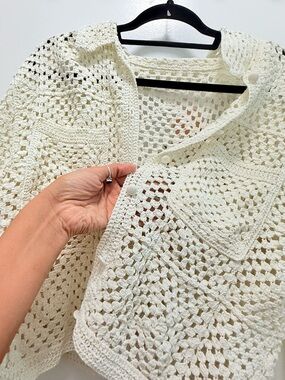 Next UK 100% Cotton Cream Open Weave Crochet Knit Button Up Shacket Cardigan M/L